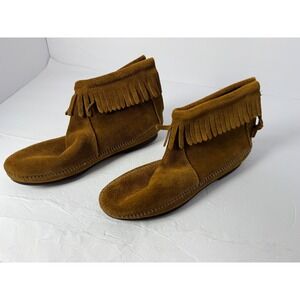 Minnetonka Suede Fringe Back Zip Moccasin Ankle Boots Brown Tan Womens 8
